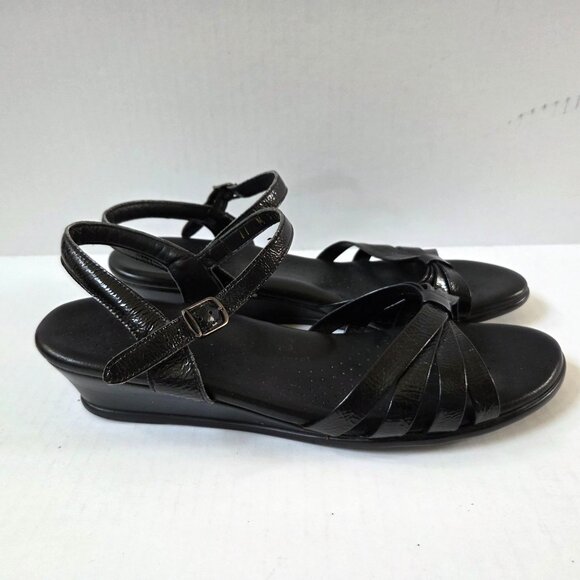 SAS Sandals Womens 11 Black Patent Leather Strippy Quarter Strap Ankle Wedges - Picture 5 of 9